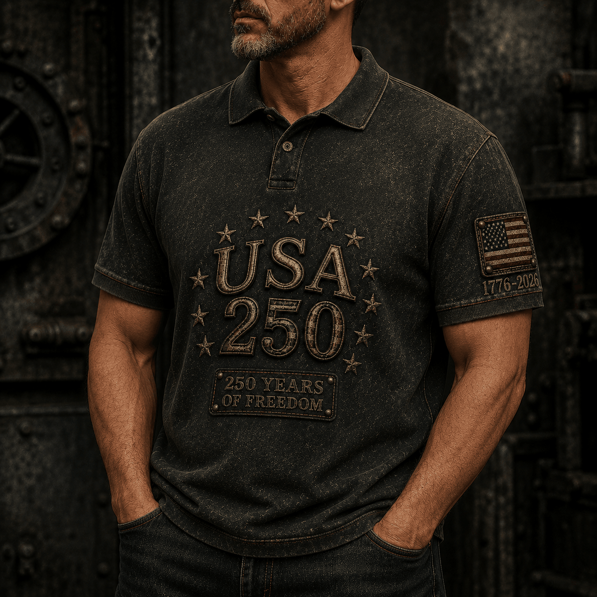 USA 250 Printed Polo Shirt, 250 Years Of Freedom Patriotic Apparel, 1776 2026 Anniversary, Father’s Day Gift for Dad