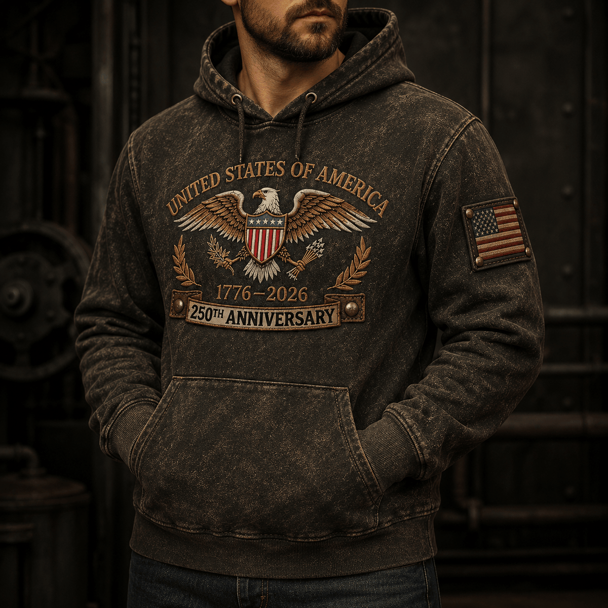 USA 250th Anniversary Printed Hoodie, Eagle Flag Patriotic Pullover, 1776 2026 Freedom Father’s Day Gift for Dad
