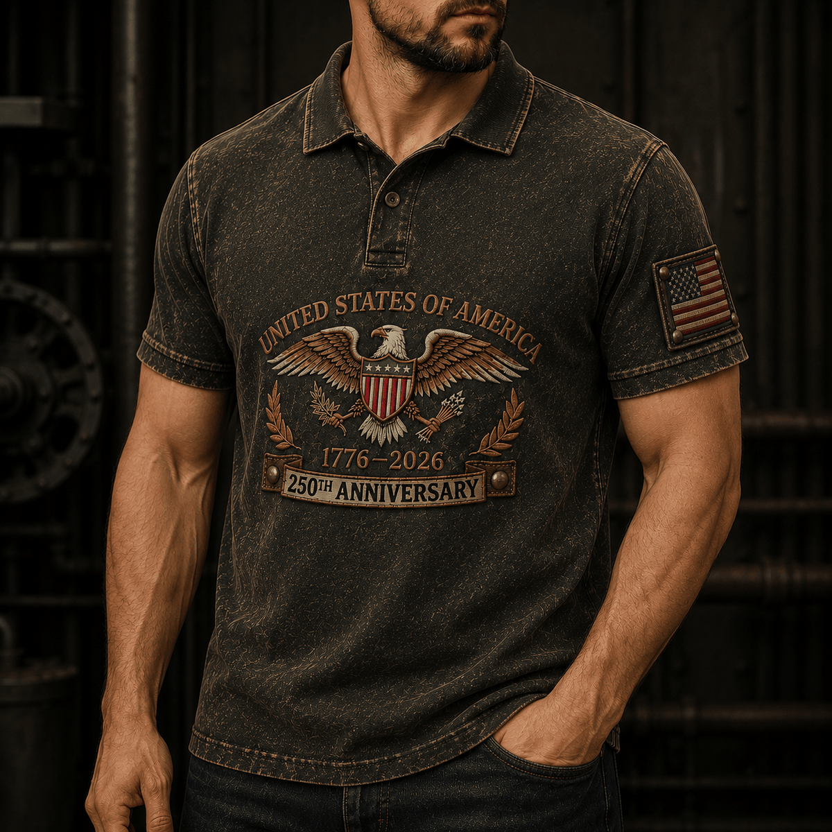 USA 250th Anniversary Printed Polo Shirt, Eagle Flag Patriotic 1776 2026 Freedom Gift, Father’s Day Gift for Dad Grandpa