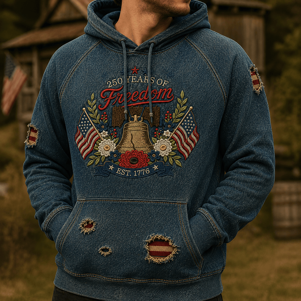 250 Years Of Freedom Printed Hoodie, Liberty Bell USA Flag Patriotic Pullover, 1776 America Anniversary, Father’s Day Gift for Dad