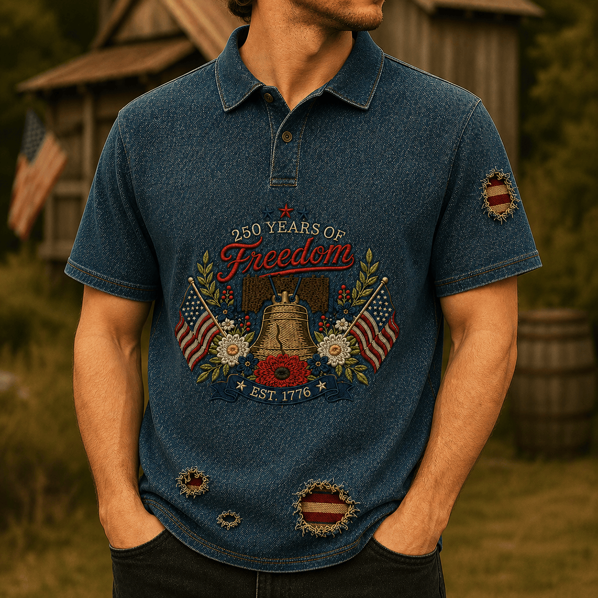 250 Years Of Freedom Printed Polo Shirt, Liberty Bell USA Flag Patriotic Apparel, 1776 America Anniversary, Father’s Day Gift for Dad
