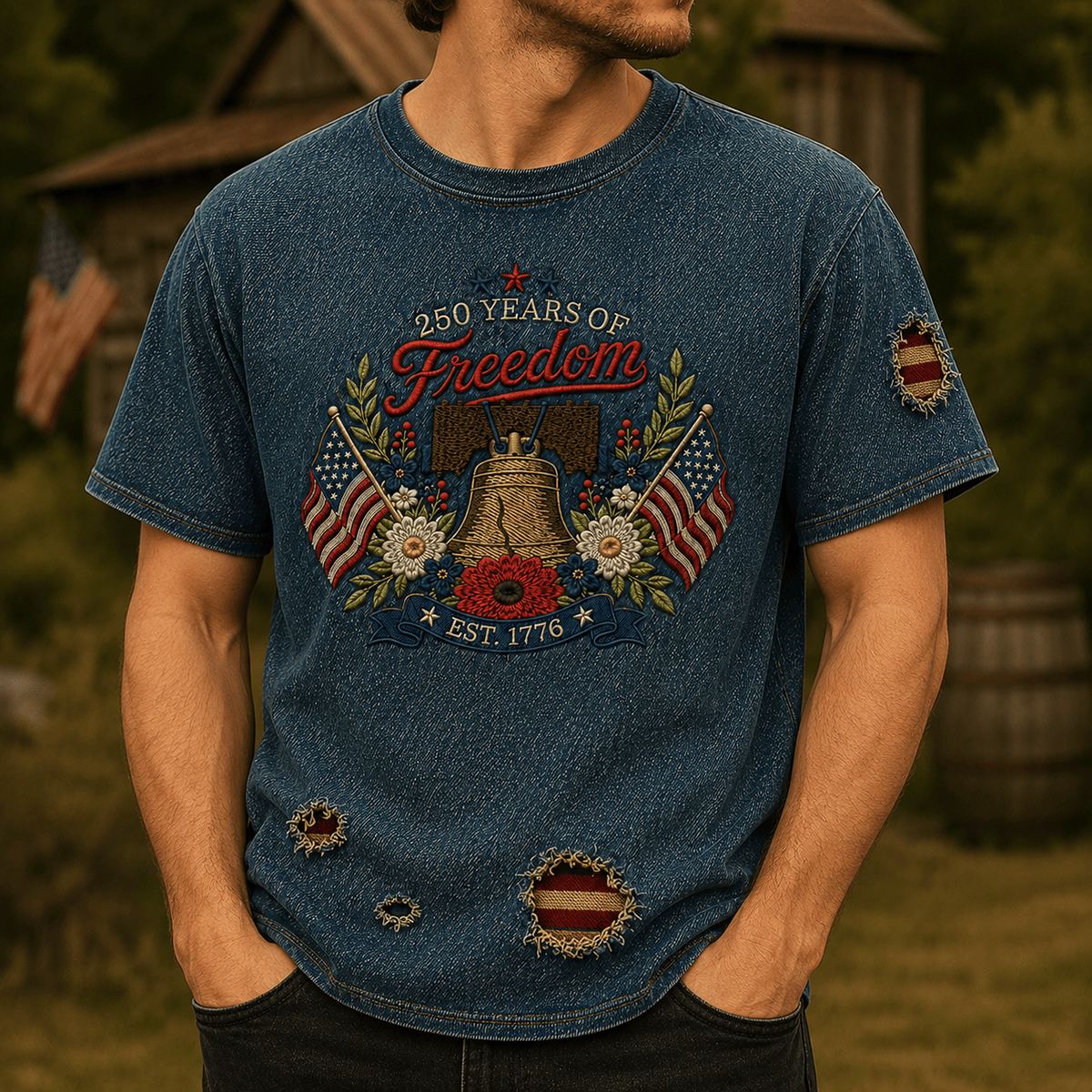 250 Years Of Freedom Printed T-Shirt, Liberty Bell USA Flag Patriotic Shirt, 1776 America Anniversary, Father’s Day Gift for Dad