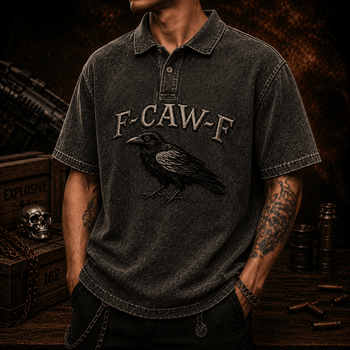F-CAW-F Crow Printed Polo Shirt, Dark Raven Bird Apparel, Gothic Funny Quote Design, Father’s Day Gift for Dad Grandpa