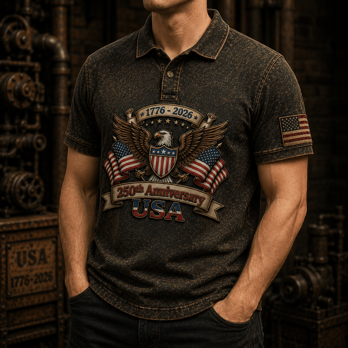 250th Anniversary USA Printed Vintage Polo Shirt with American Eagle and USA Flag, Patriotic Gift for Dad