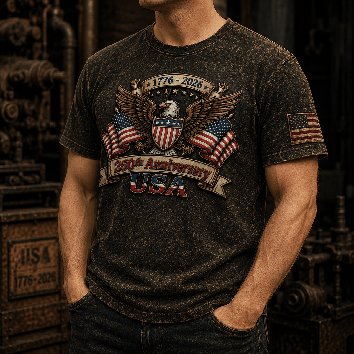 250th Anniversary USA Printed Vintage T-Shirt with American Eagle and USA Flag, Patriotic Gift for Dad