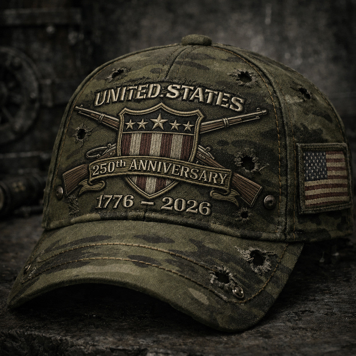 United States 250th Anniversary Printed Vintage Camouflage Cap with Shield USA Flag Graphic Patriotic Hat