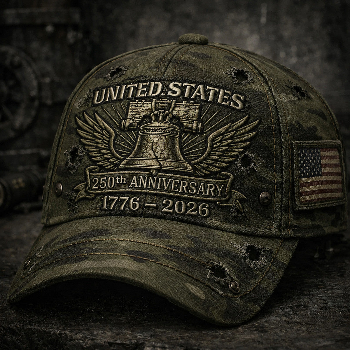 United States 250th Anniversary Printed Vintage Camouflage Cap with Liberty Bell Graphic Patriotic Gift