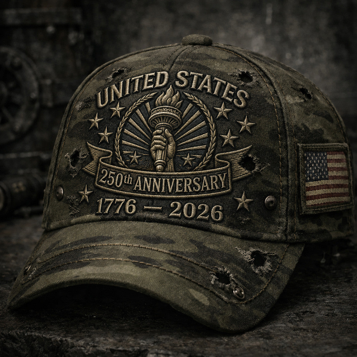 United States 250th Anniversary Printed Vintage Camouflage Cap with Statue Torch Graphic Patriotic Hat