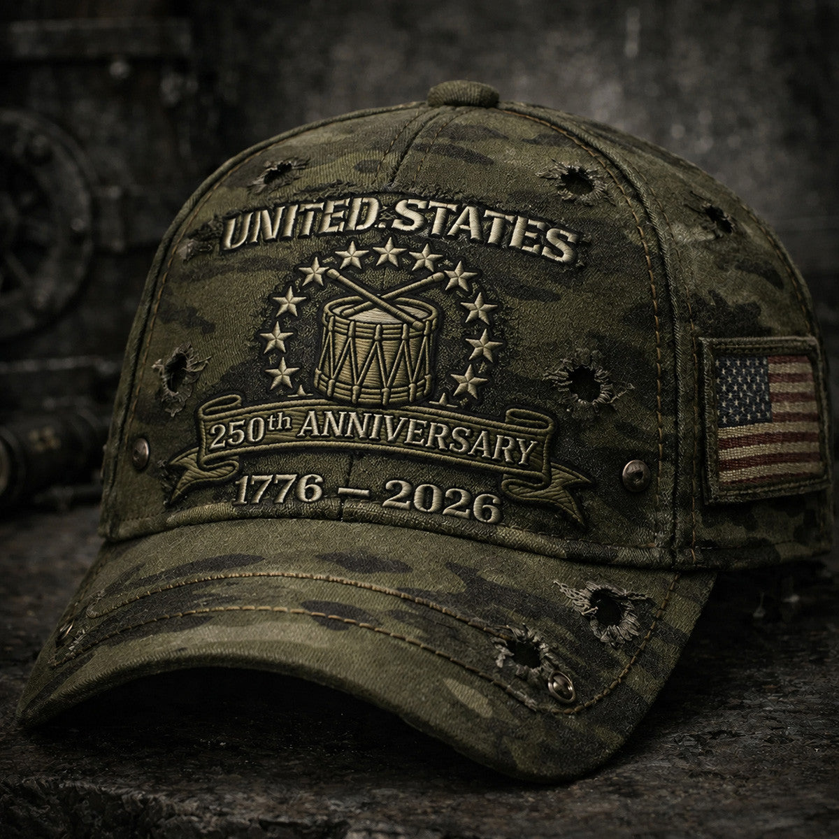 United States 250th Anniversary Printed Vintage Camouflage Cap with Drum Graphic Patriotic Gift for Dad