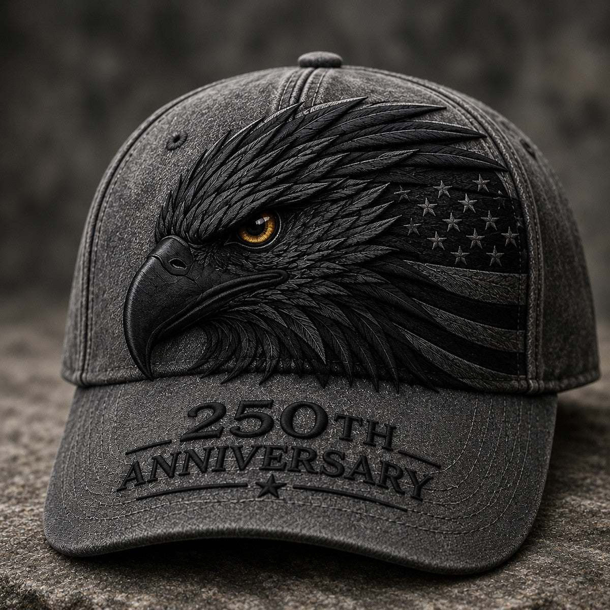 250th Anniversary Printed Black Eagle Cap with American Flag Graphic, Patriotic USA Gift for Dad Father’s Day