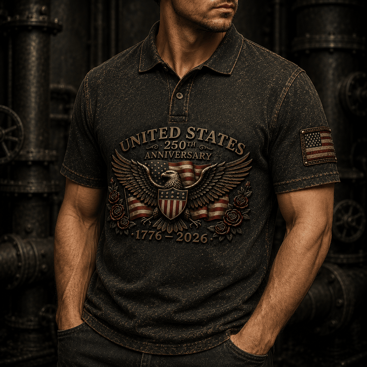 United States 250th Anniversary Printed Polo Shirt American Eagle Flag Polo Gift for Father’s Day Veterans