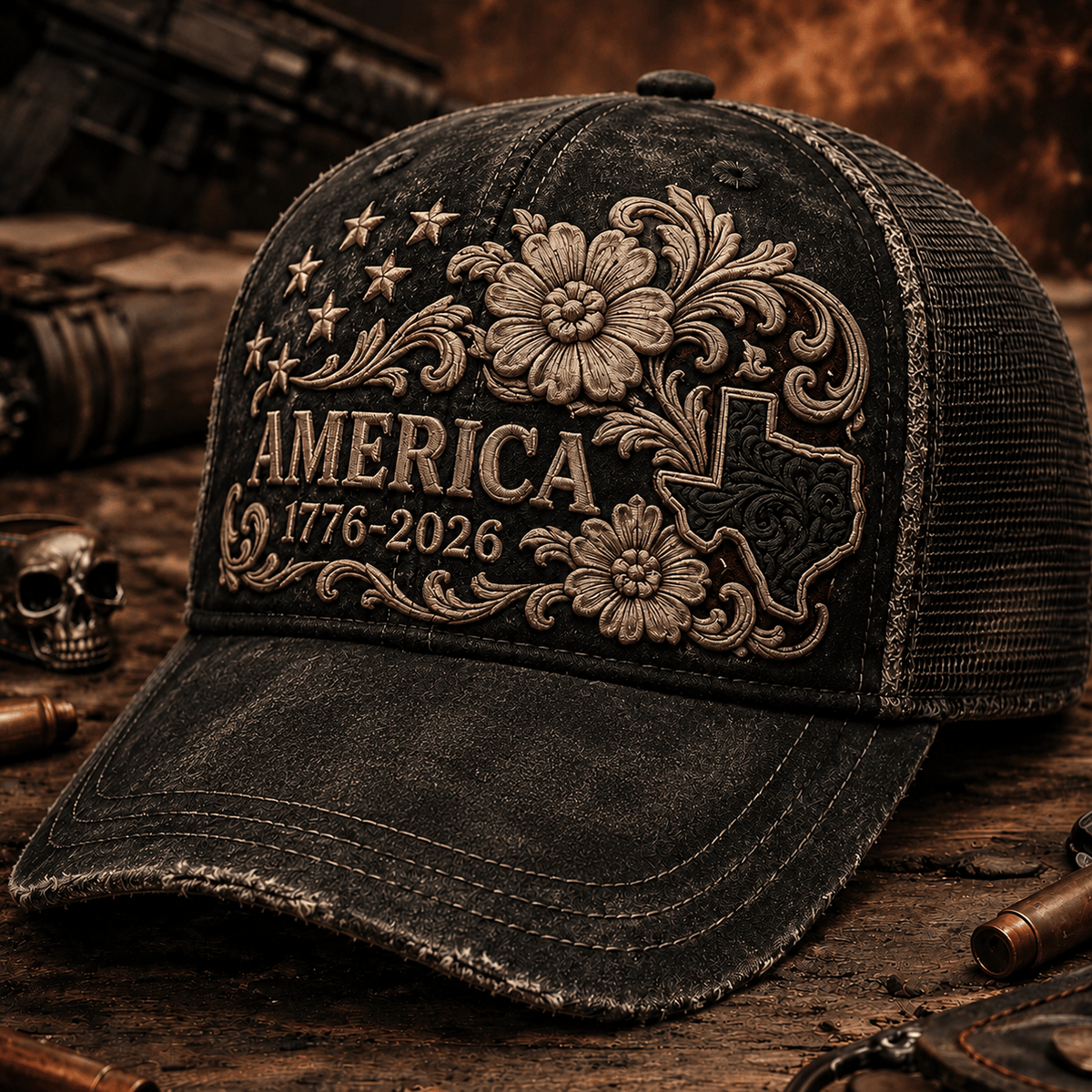 America 1776-2026 Printed Cap Patriotic USA Flag Floral Texas Hat Gift for Father’s Day American Anniversary
