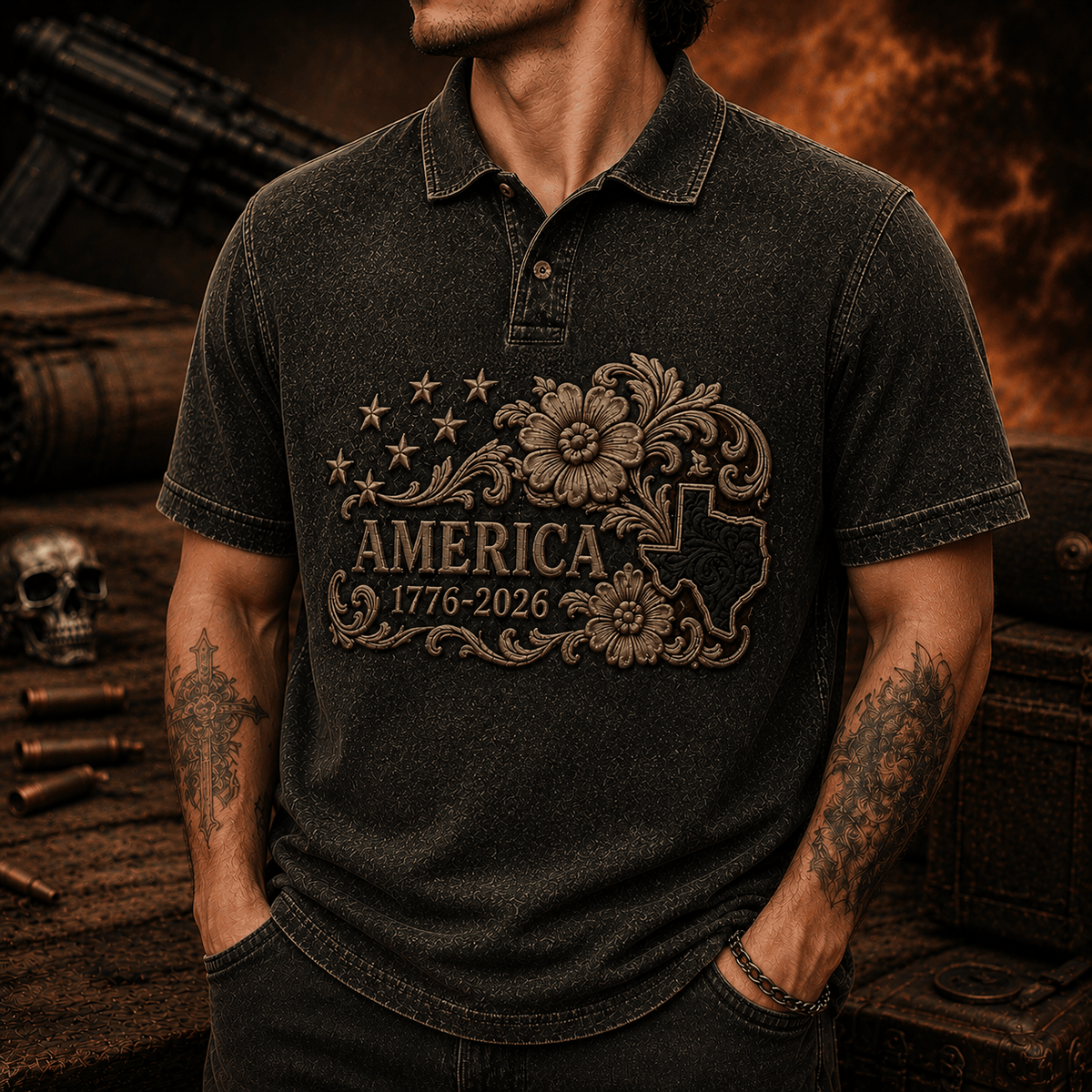 America 1776-2026 Printed Polo Shirt Vintage Patriotic Texas Floral Polo Gift for Father’s Day Veterans
