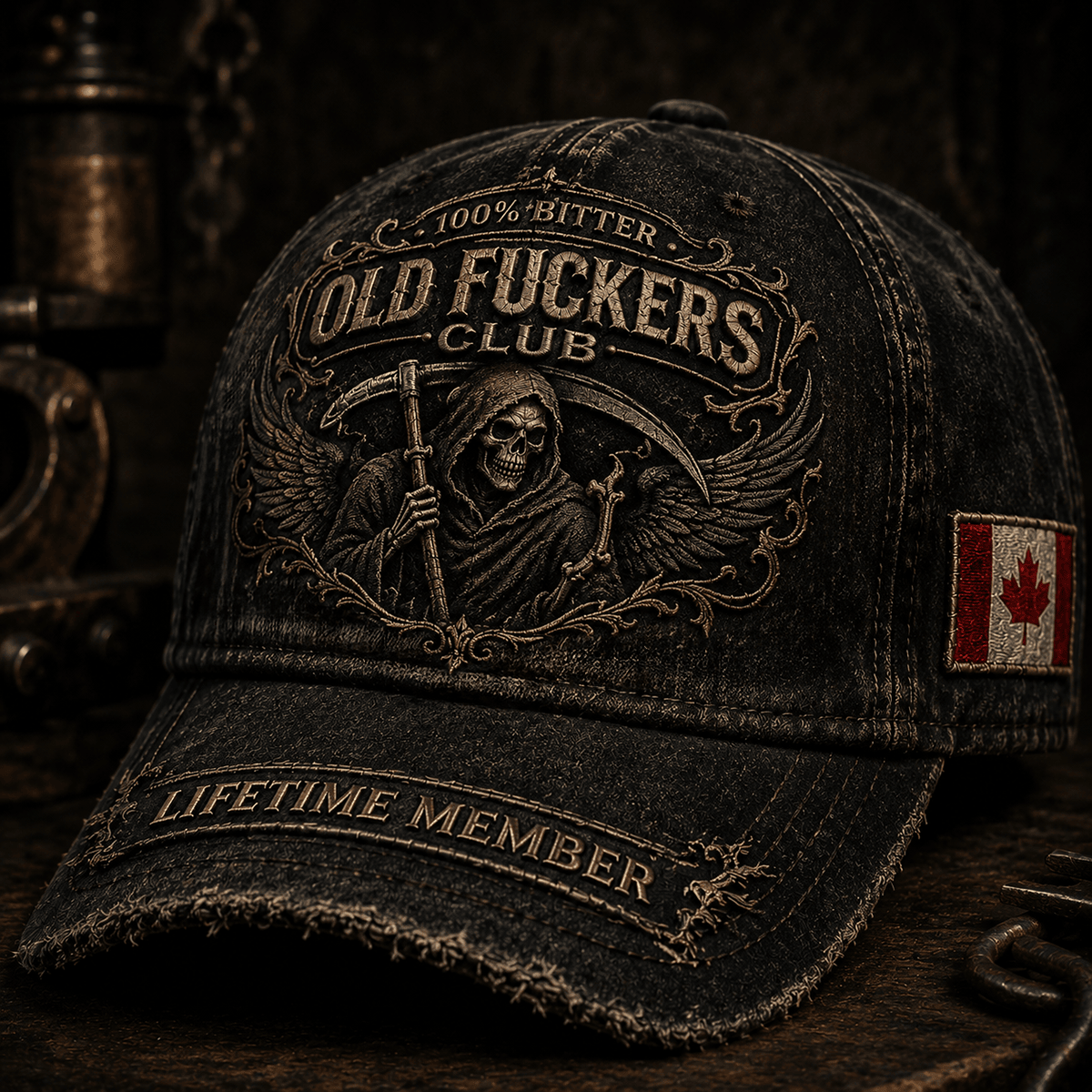 Old Fuckers Club Lifetime Member Printed Cap Grim Reaper Skull Canada Flag Hat Gift for Father’s Day Grandpa