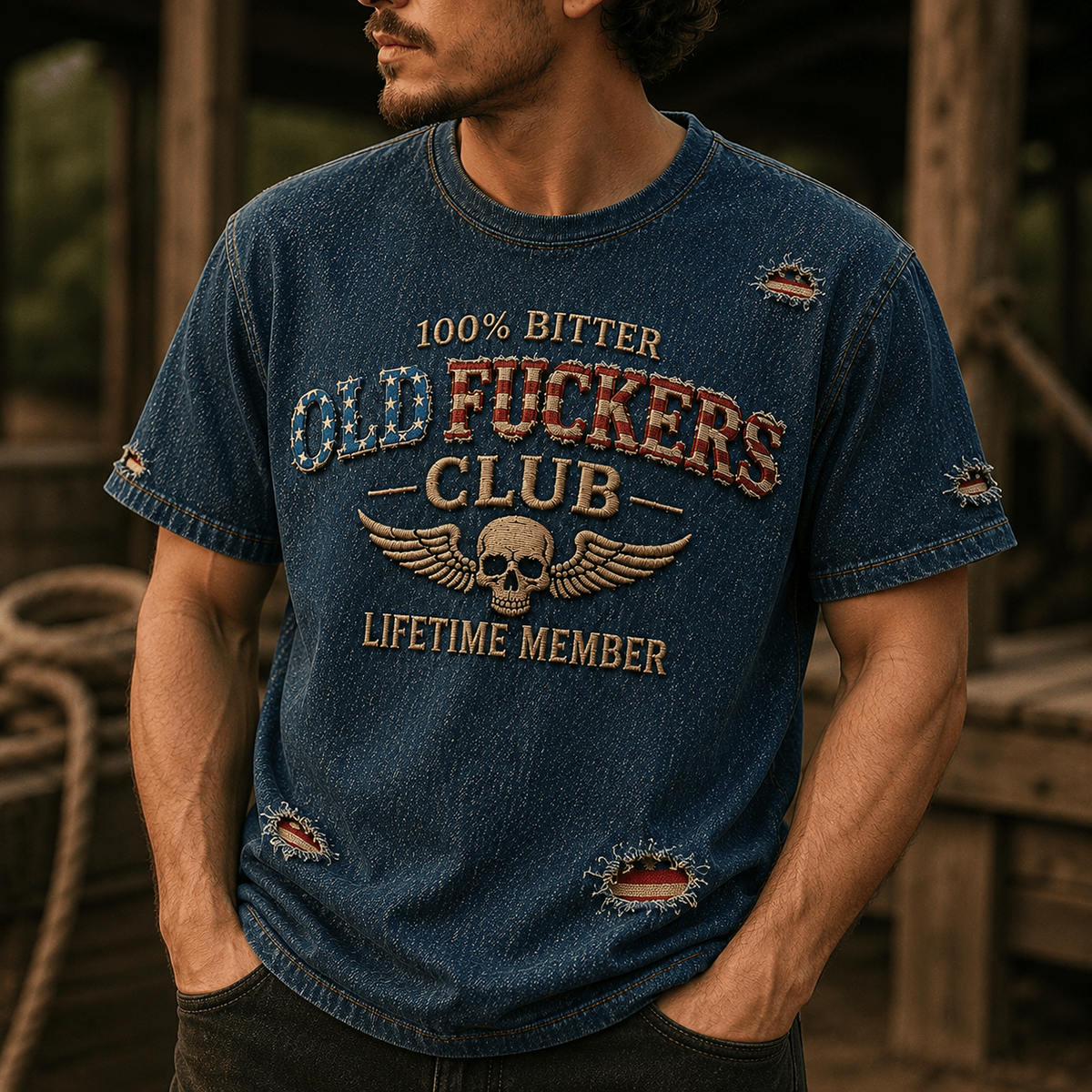 Old Fuckers Club Lifetime Member Printed T-Shirt Skull Wings USA Tee Gift for Father’s Day Grandpa