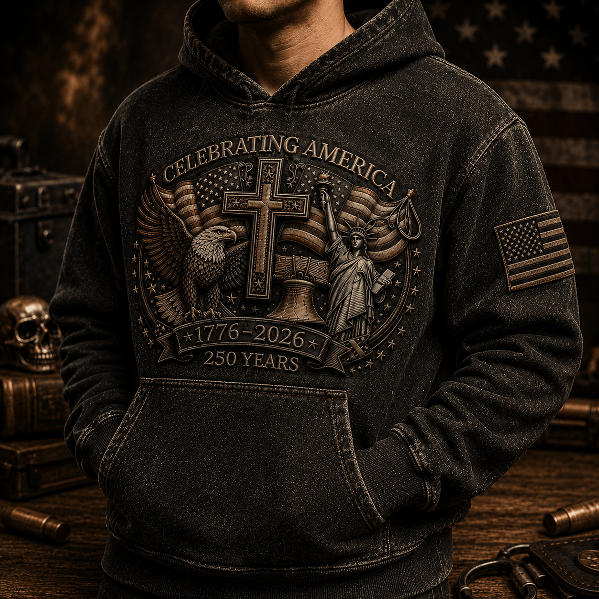 Celebrating America 1776-2026 250 Years Printed Hoodie Patriotic Eagle Cross USA Hoodie Gift for Father’s Day
