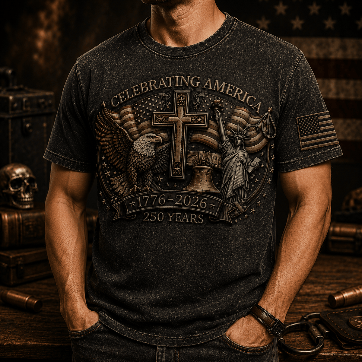 Celebrating America 1776-2026 250 Years Printed T-Shirt Patriotic Eagle Cross USA Tee Gift for Father’s Day Veterans