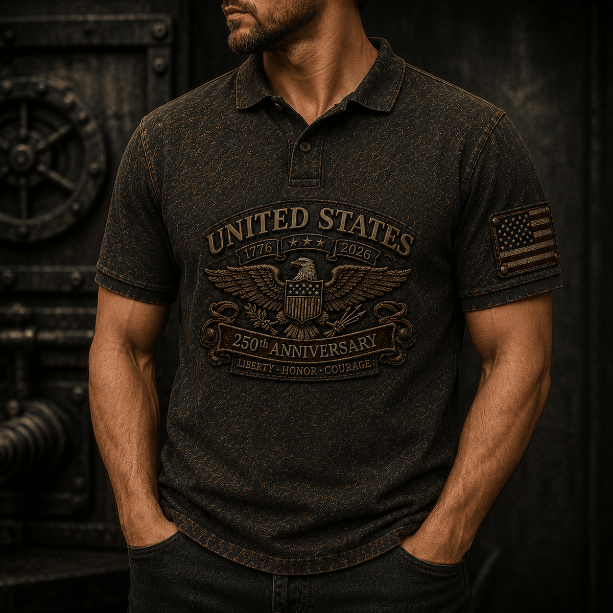 United States 250th Anniversary Printed Polo Shirt Patriotic Eagle USA Polo Liberty Honor Courage Gift for Dad