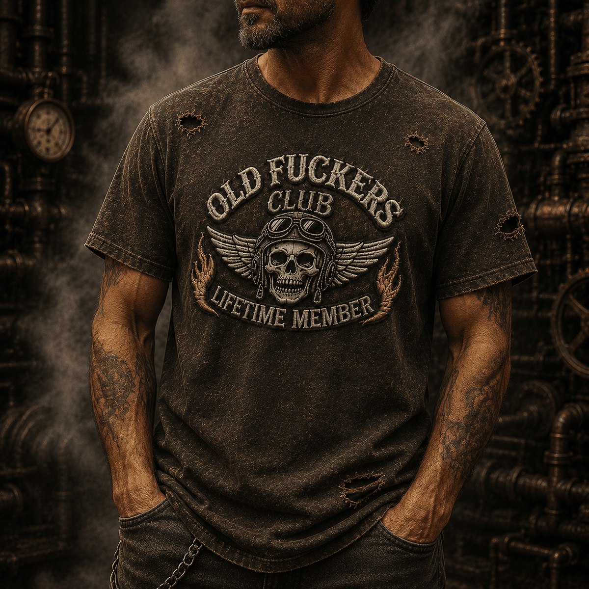 Old Fuckers Club Lifetime Member Vintage Printed T Shirt Skull Rider Graphic Biker Gift For Dad Father Day