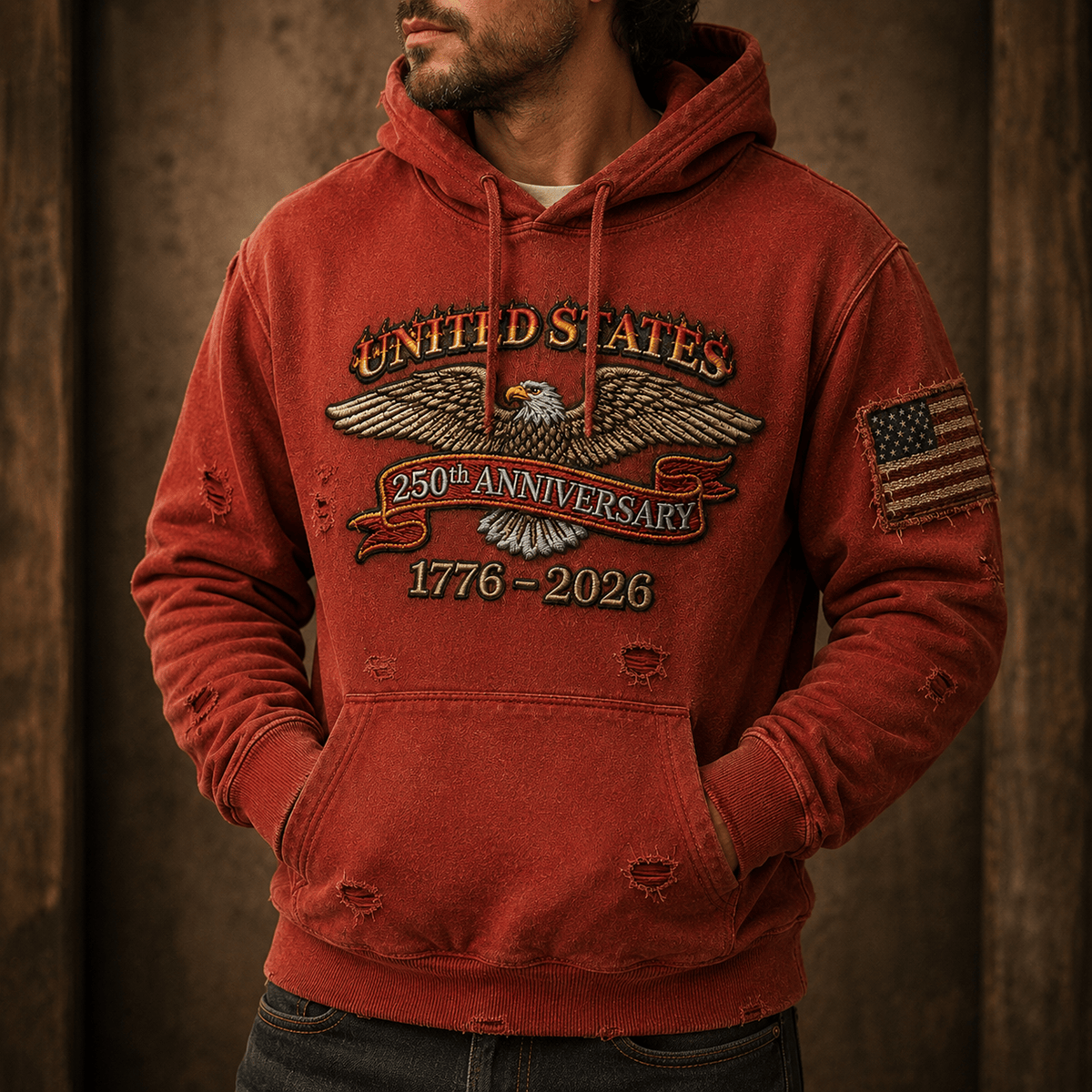United States 250th Anniversary 1776 2026 Printed Hoodie Patriotic Eagle Graphic American Flag Gift For Dad