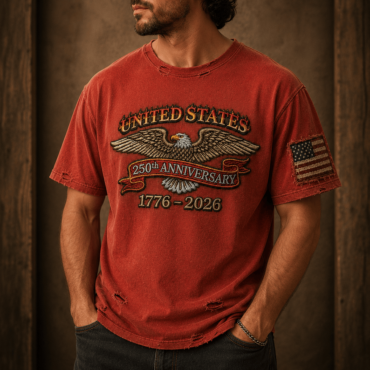 United States 250th Anniversary 1776 2026 Printed T Shirt Patriotic Eagle Graphic American Flag Gift For Dad