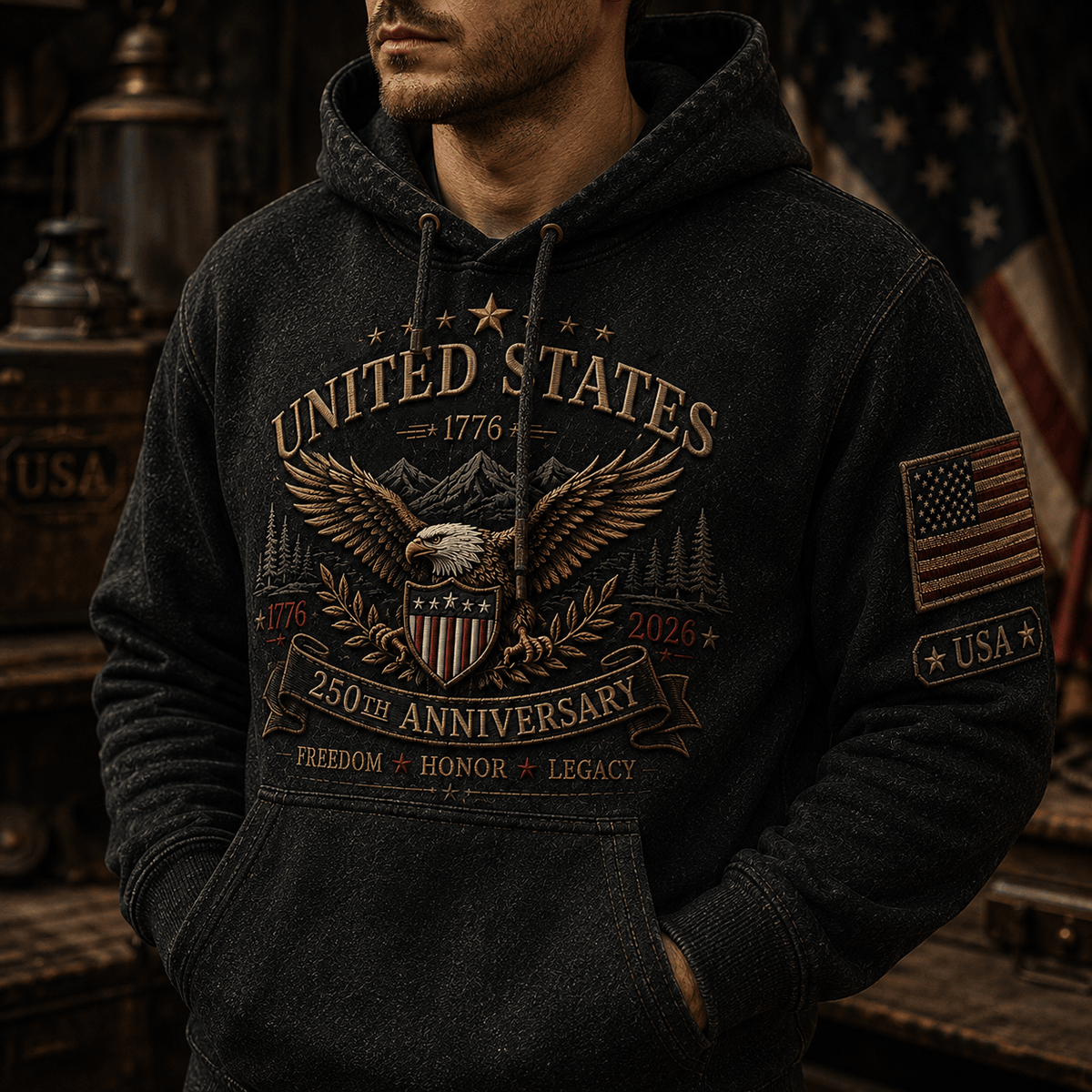 United States 250th Anniversary 1776 2026 Printed Hoodie Patriotic Eagle Freedom Honor Legacy Gift For Dad