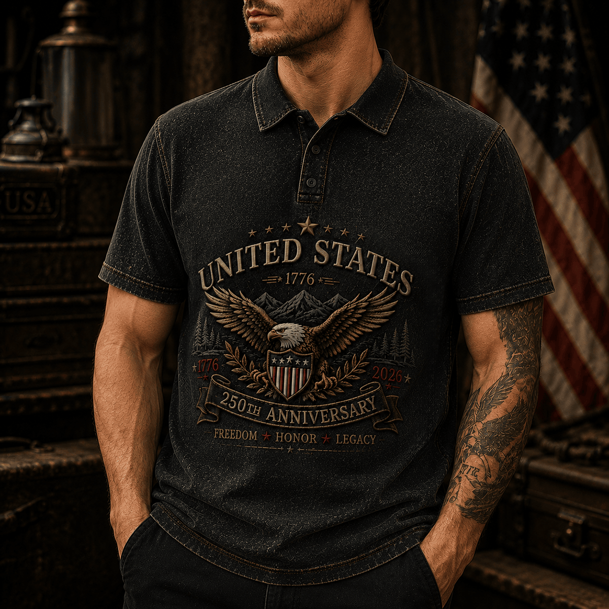 United States 250th Anniversary 1776 2026 Printed Polo Shirt Patriotic Eagle Freedom Honor Legacy Gift
