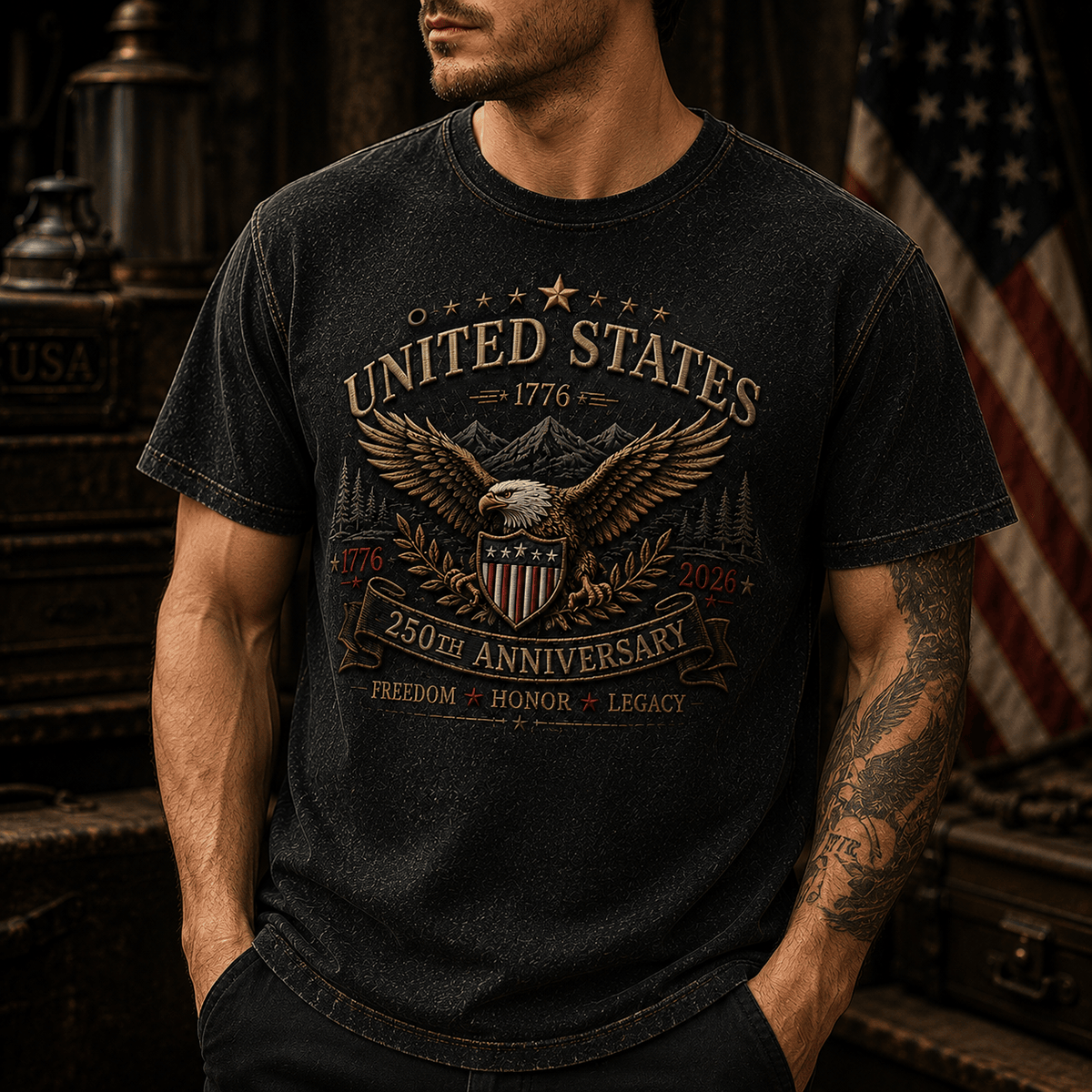 United States 250th Anniversary 1776 2026 Printed T Shirt Patriotic Eagle Freedom Honor Legacy Gift For Men