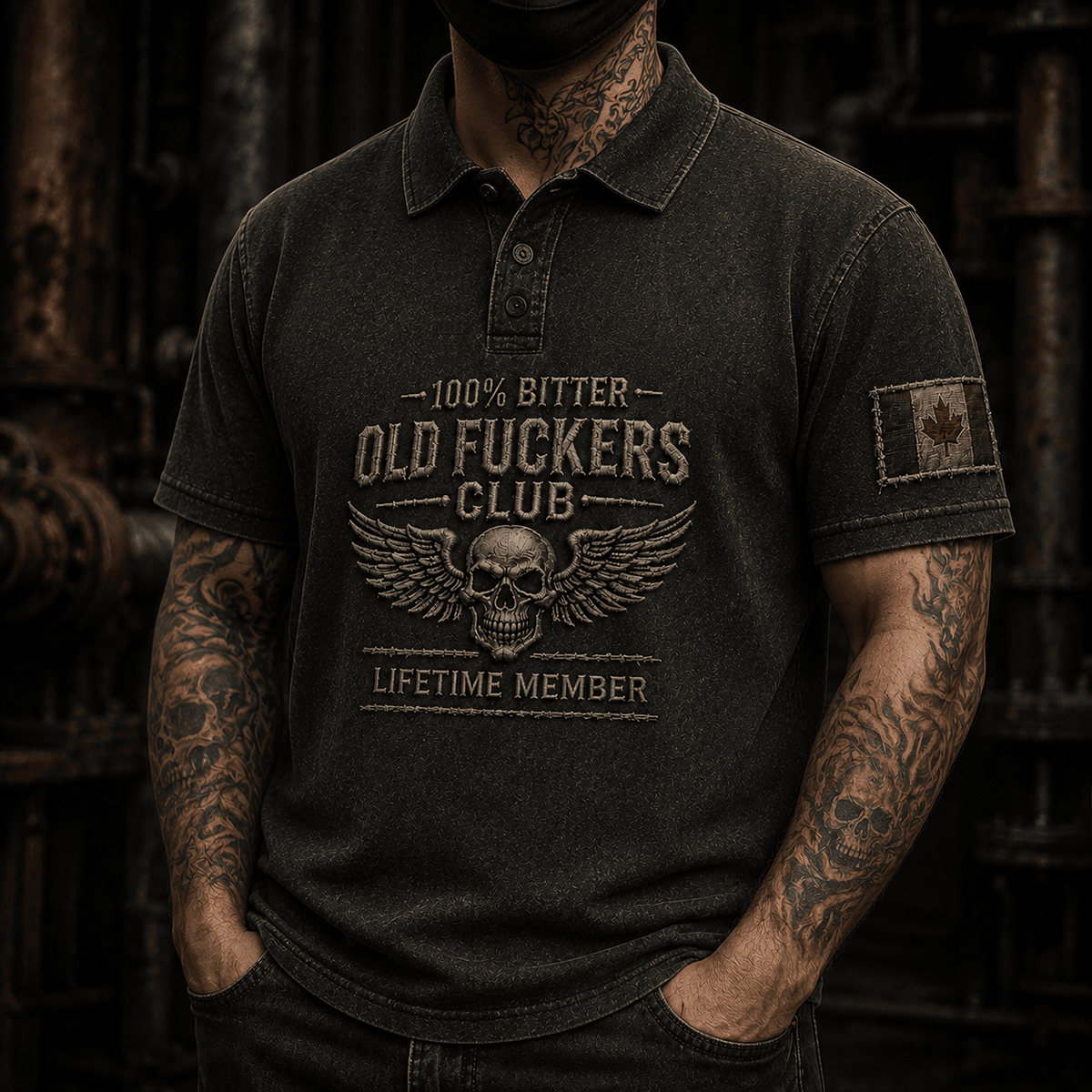 Bitter Old Fuckers Club Lifetime Member Printed Polo Shirt Skull Canadian Flag Gift For Men Dad