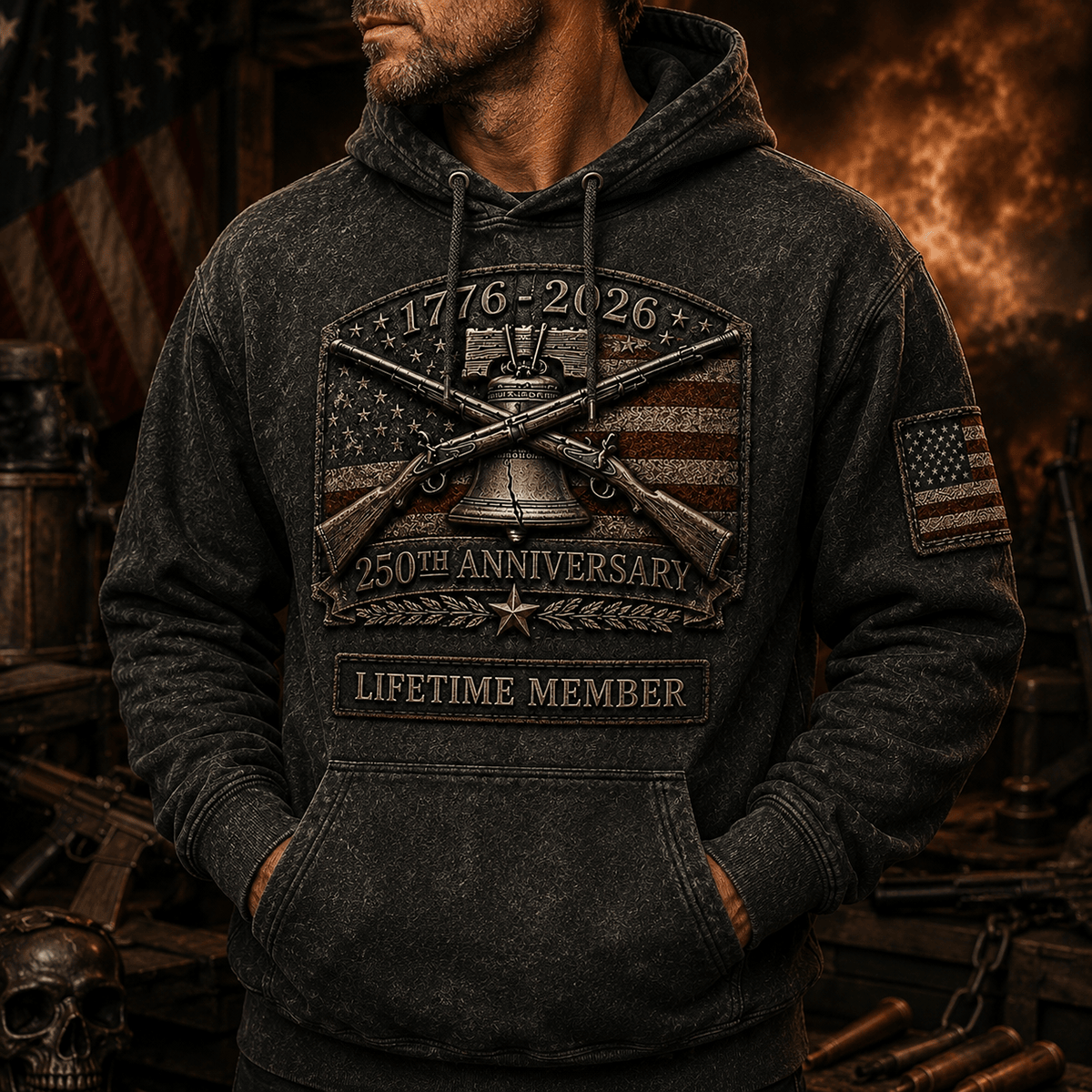 1776 2026 250th Anniversary Printed Hoodie Lifetime Member Patriotic USA Veteran Independence Day Gift