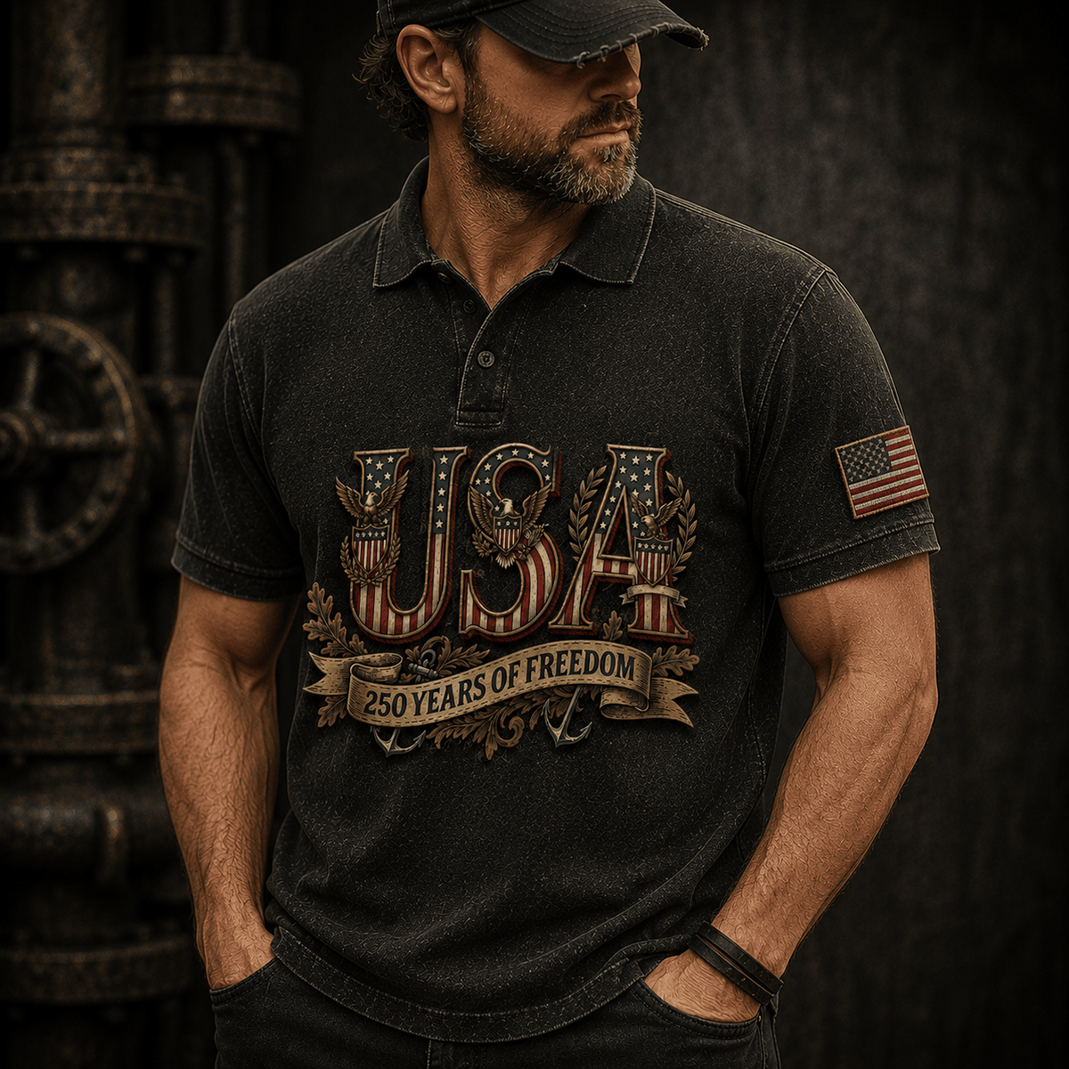 USA 250 Years Of Freedom Patriotic Printed Polo Shirt, American Independence Day Vintage USA Gift