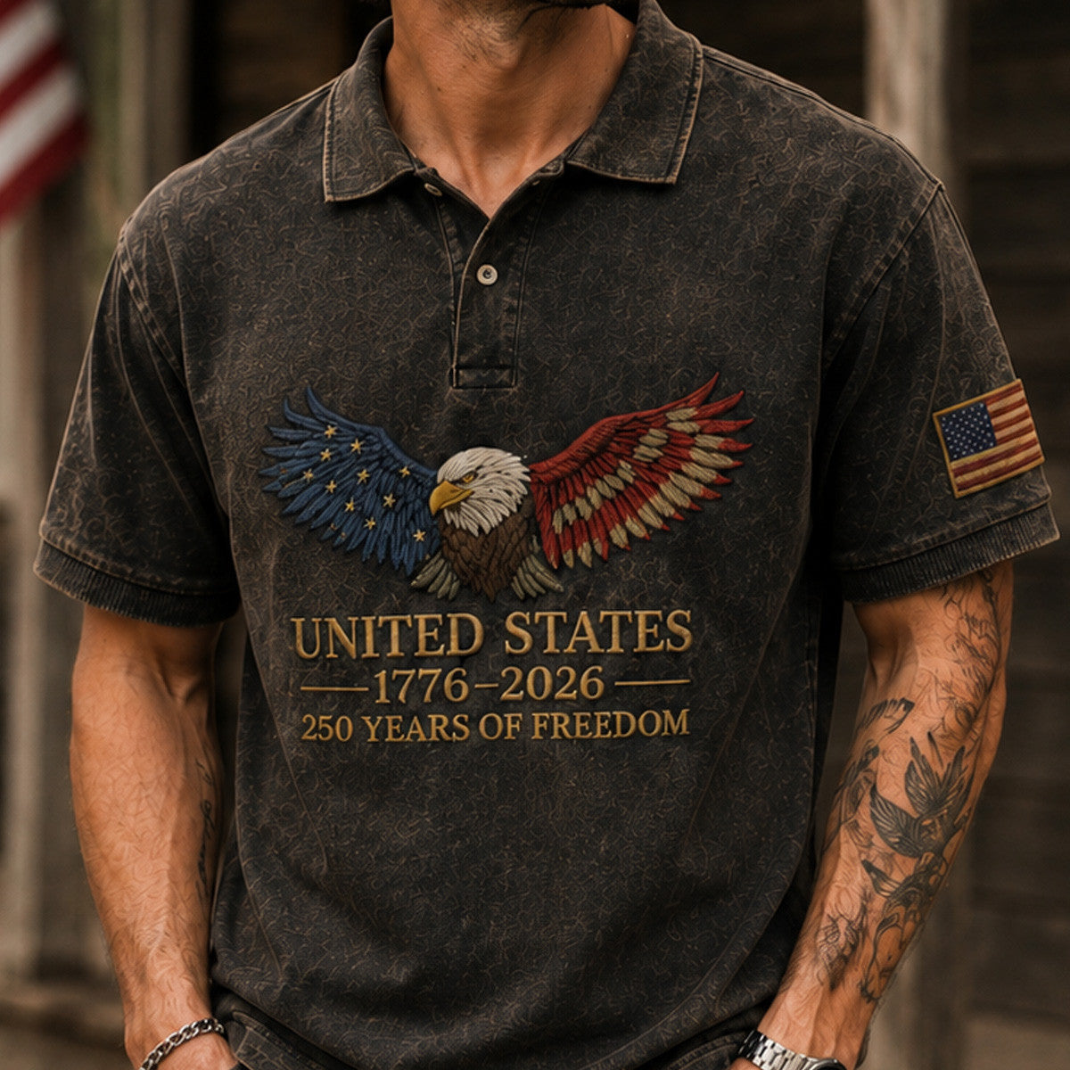 United States 1776-2026 250 Years Of Freedom Printed Patriotic Eagle Polo Shirt USA Veteran Father’s Day Gift
