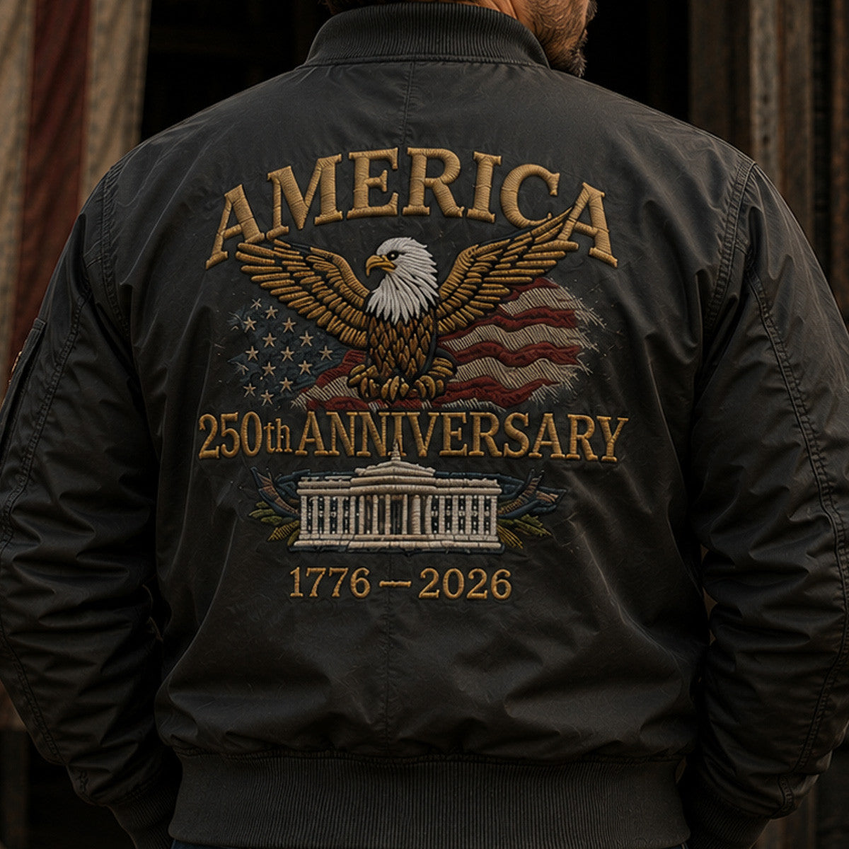 America 250th Anniversary Vintage Eagle Bomber Jacket Patriotic USA Freedom 1776-2026 Gift For Veterans Dad Grandpa