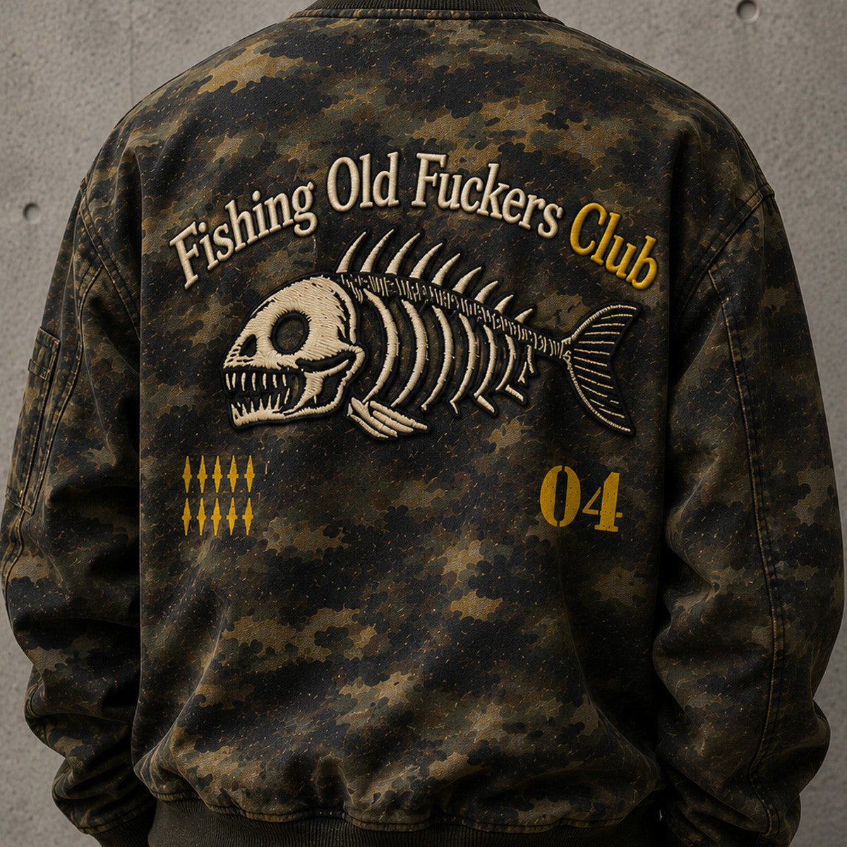Fishing Old Fuckers Club Printed Bomber Jacket Funny Fishing Camo Jacket Father’s Day Fisherman Gift for Men Dad