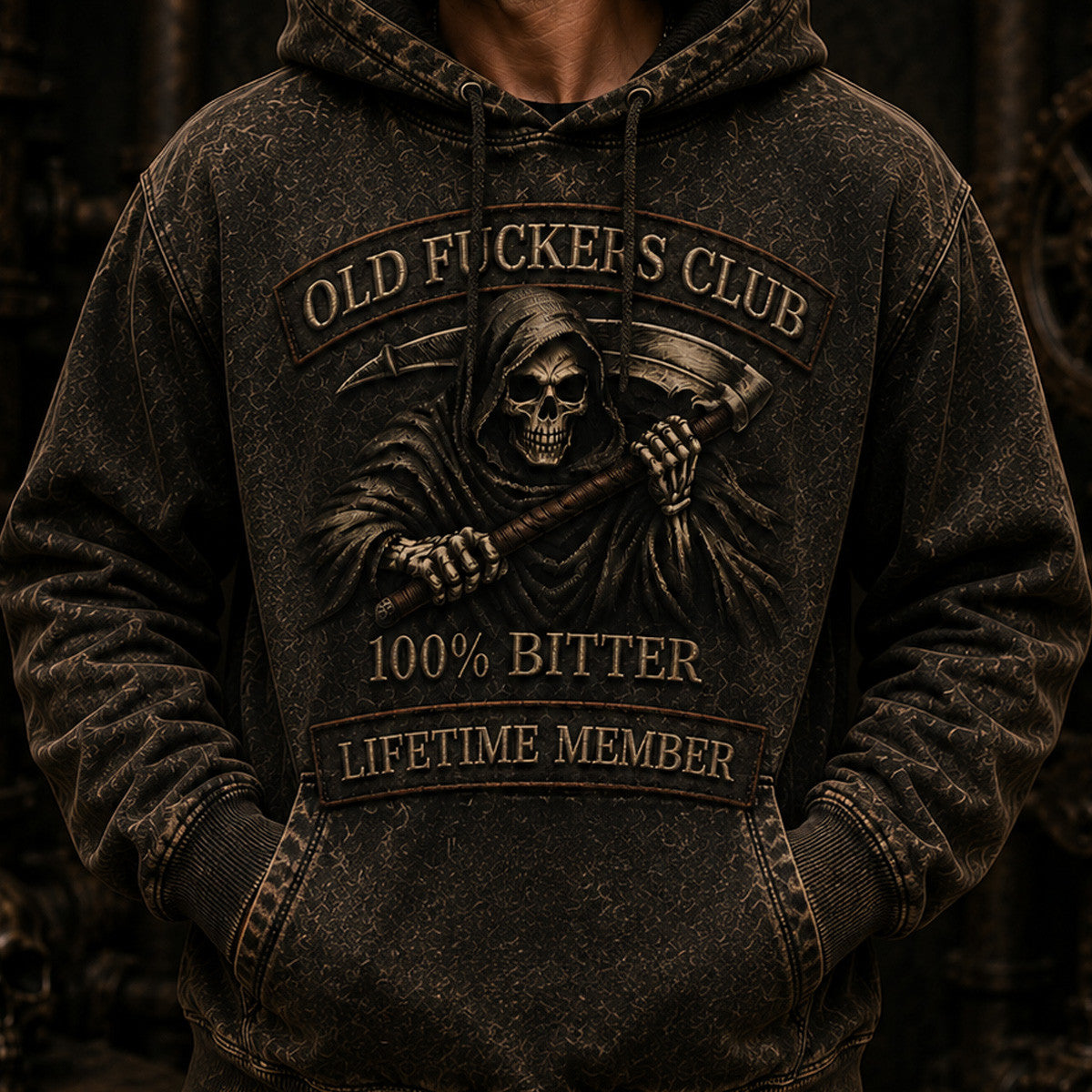 Old Fuckers Club Lifetime Member Printed Hoodie Grim Reaper Skull Sweatshirt Funny Father’s Day Gift Vintage Style
