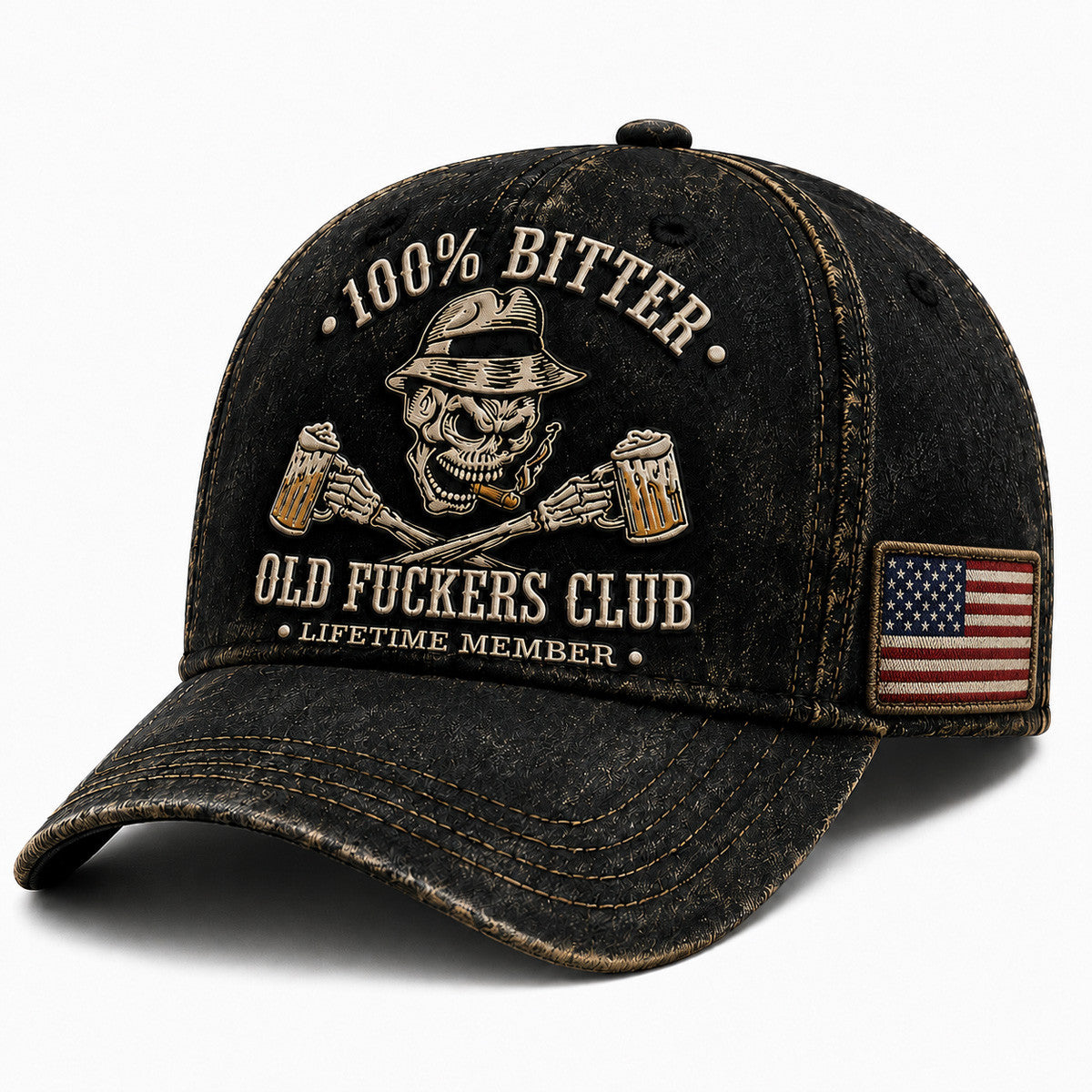 Bitter Old Fuckers Club Printed Cap Vintage Skull Beer Hat Funny Gift for Dad Grandpa Biker Fathers Day USA Flag