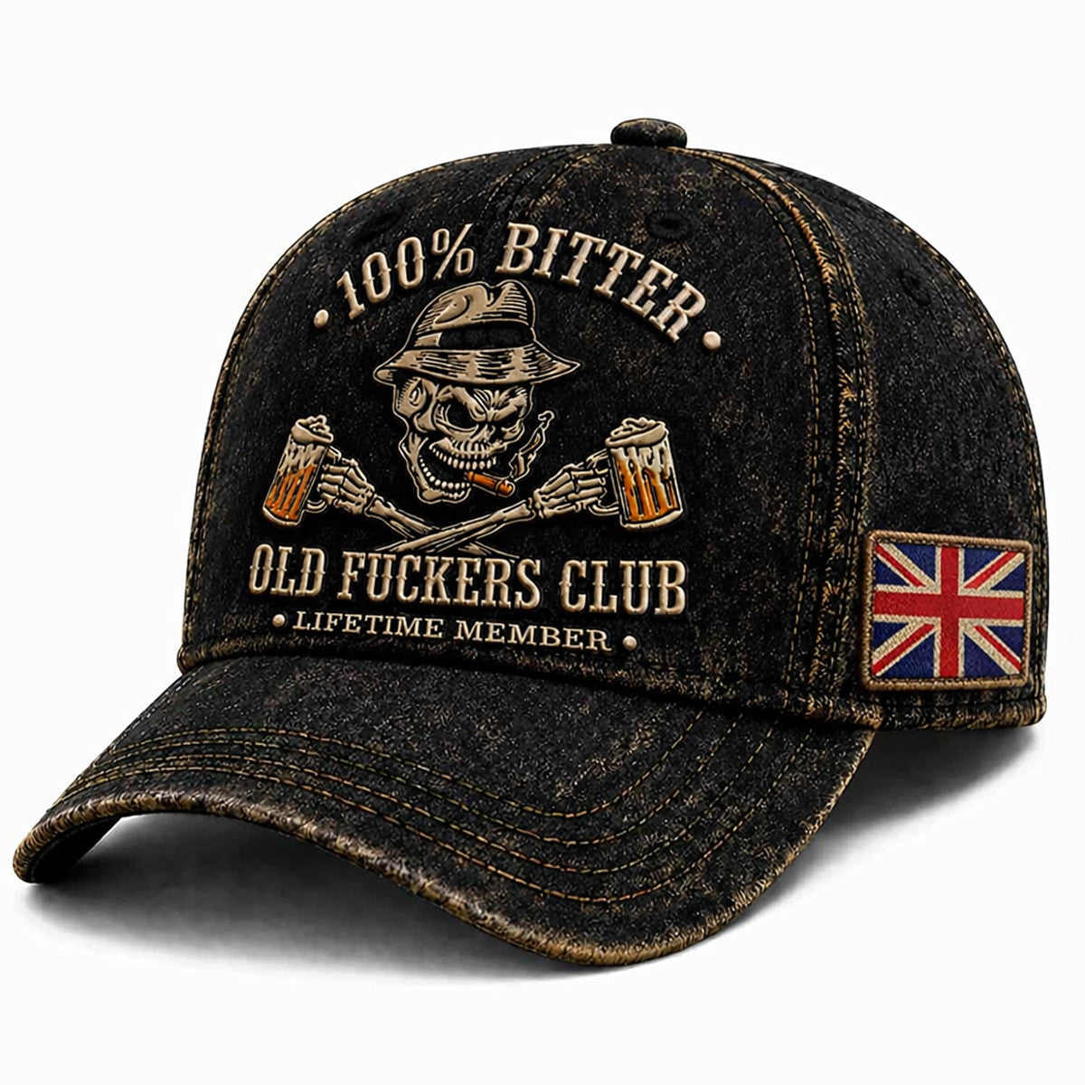 Bitter Old Fuckers Club Printed Cap Skull Beer Vintage Hat Funny Grandpa Gift for Fathers Day UK Flag