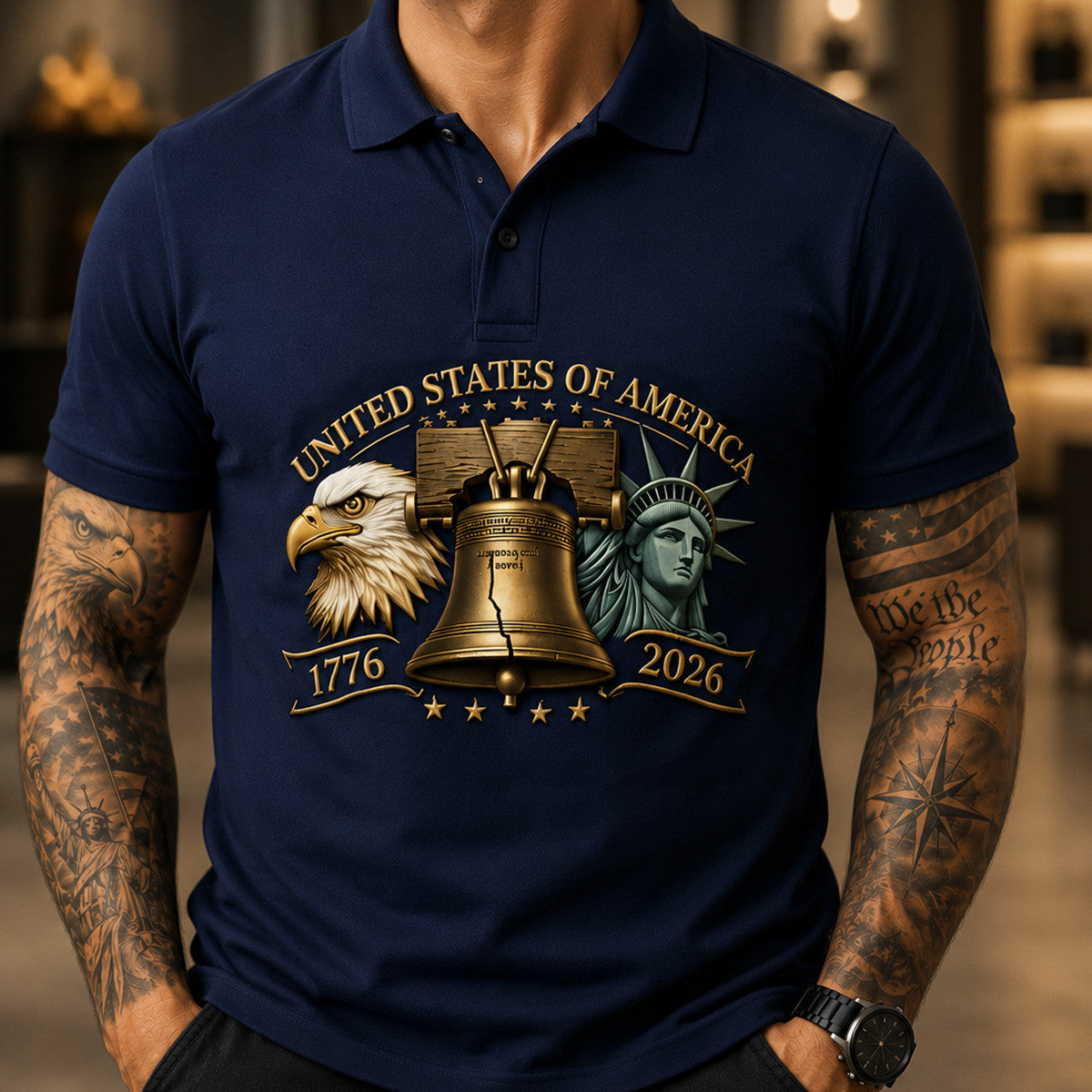 United States of America 1776 2026 Printed Polo Shirt Patriotic Liberty Bell Eagle 250th Anniversary Gift for Men