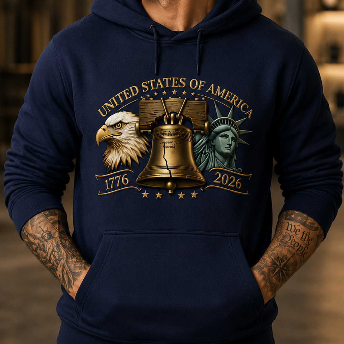 United States of America 1776 2026 Printed Hoodie Patriotic Eagle Liberty Bell 250th Anniversary USA Gift Apparel