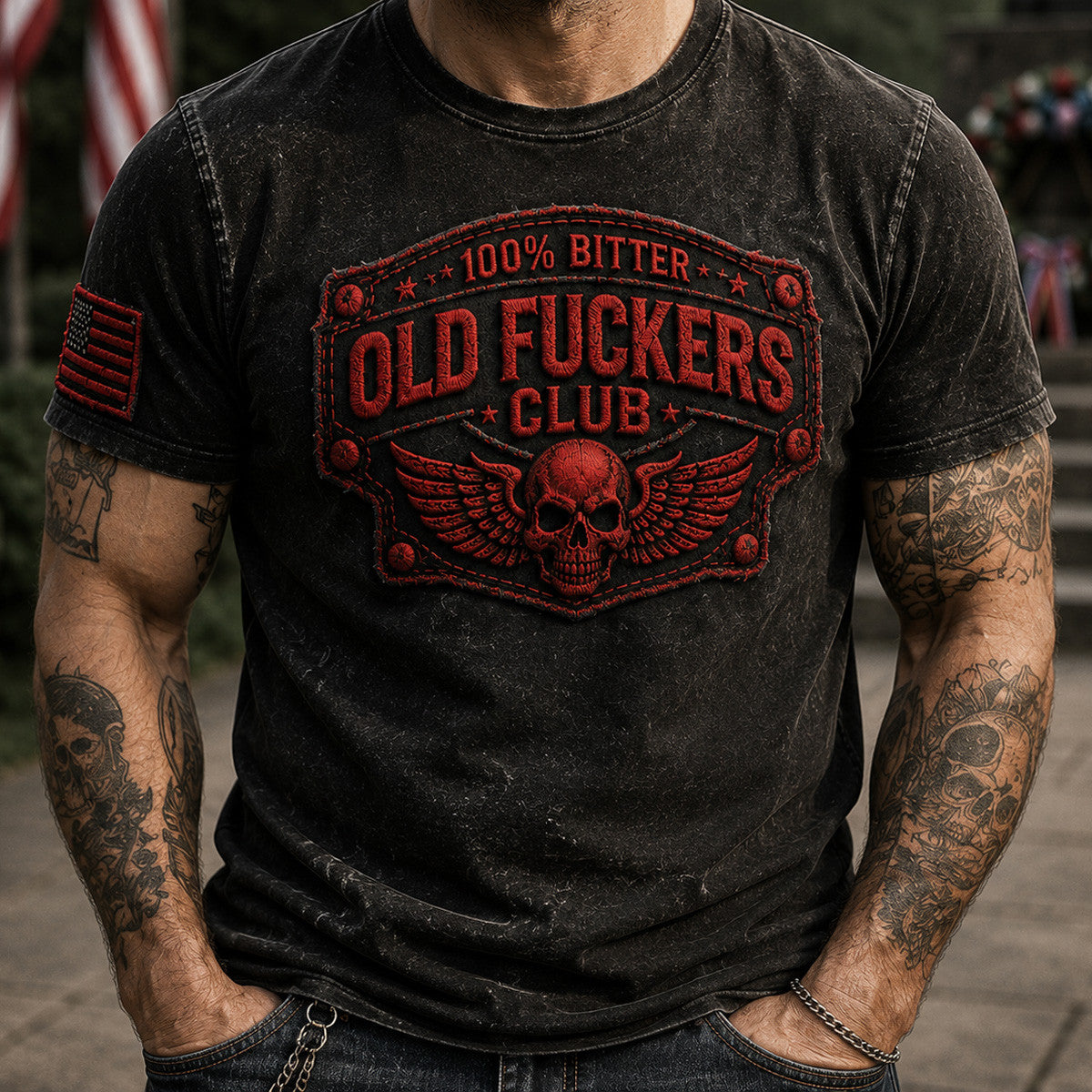 Old Fuckers Club Bitter Printed T-Shirt Vintage Skull Patriotic Graphic Tee Veteran Gift for Men Memorial Apparel