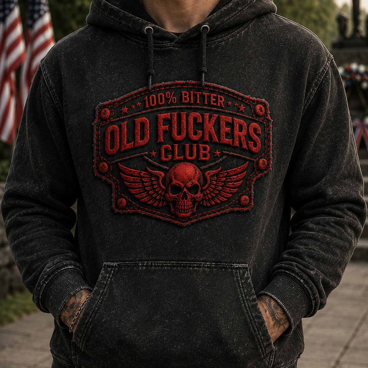 Old Fuckers Club Bitter Printed Hoodie Vintage Skull Patriotic Sweatshirt Veteran Gift for Men USA Graphic