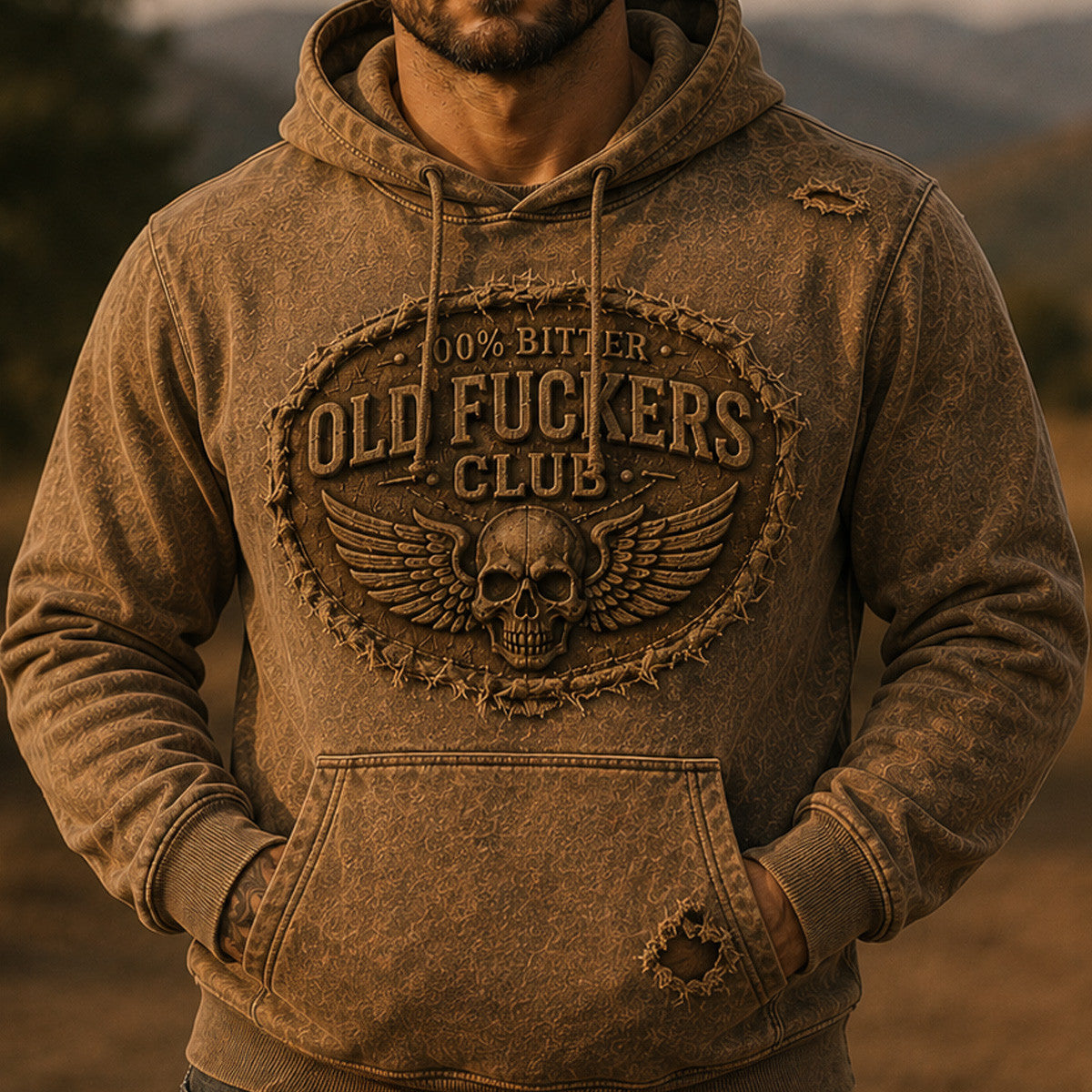 Old Fuckers Club Bitter Printed Vintage Skull Hoodie Biker Graphic Sweatshirt Patriotic Gift for Men Retro Style
