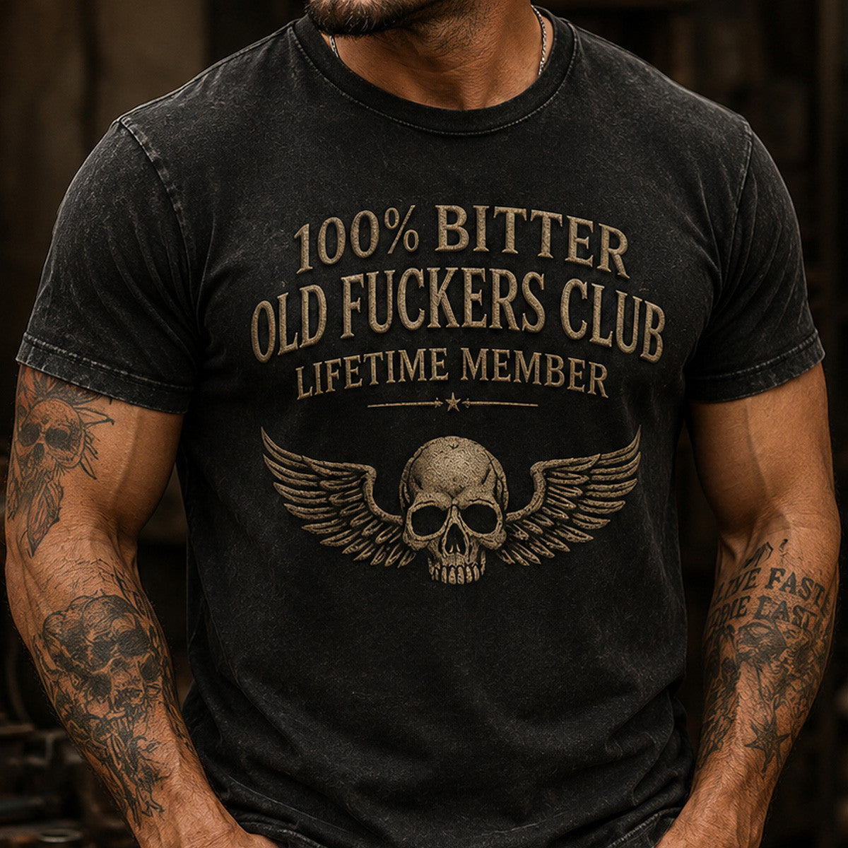 Bitter Old Fuckers Club Lifetime Member Printed Skull T-Shirt Gift for Men Vintage Graphic Tee Biker Style Shirt