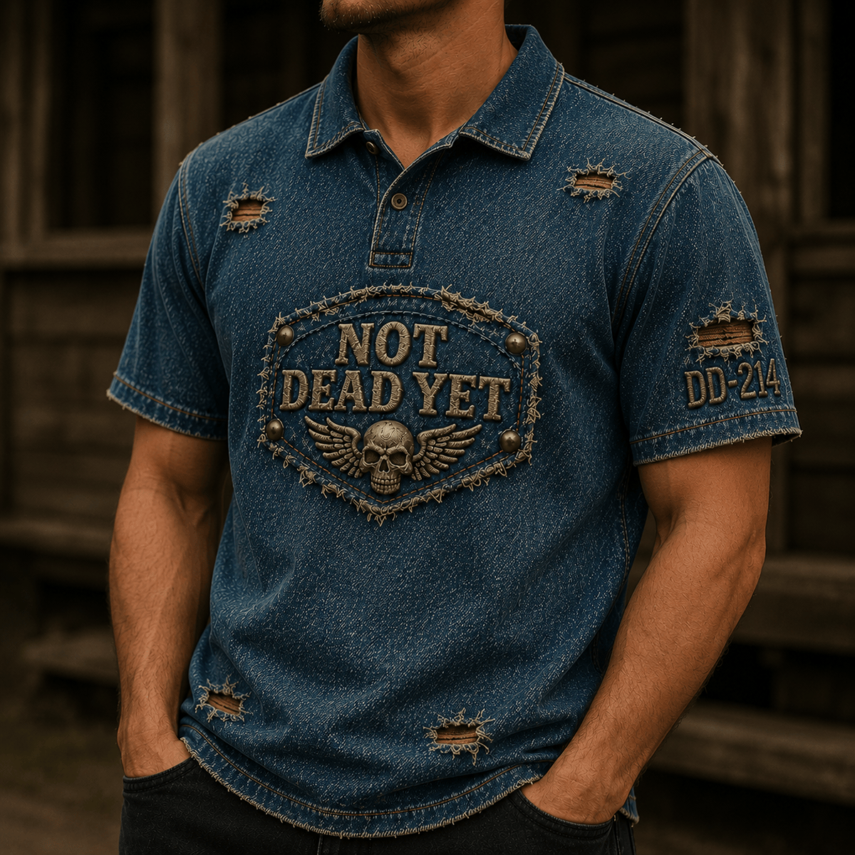 Not Dead Yet DD-214 Printed Polo Shirt Skull Veteran Gift for Retired Military Men Vintage Blue Style Tee