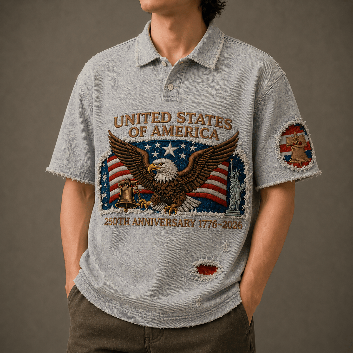 United States Of America 250th Anniversary 1776-2026 Printed Polo Shirt Patriotic Eagle USA Gift Tee
