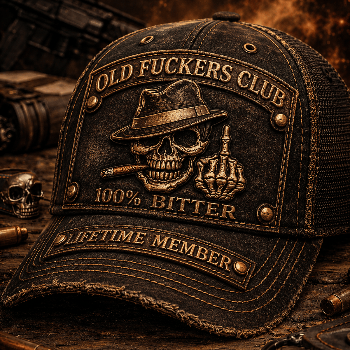 Old Fuckers Club Lifetime Member Printed Cap Skull Trucker Hat Funny Father Day Gift for Dad Grandpa Husband Men