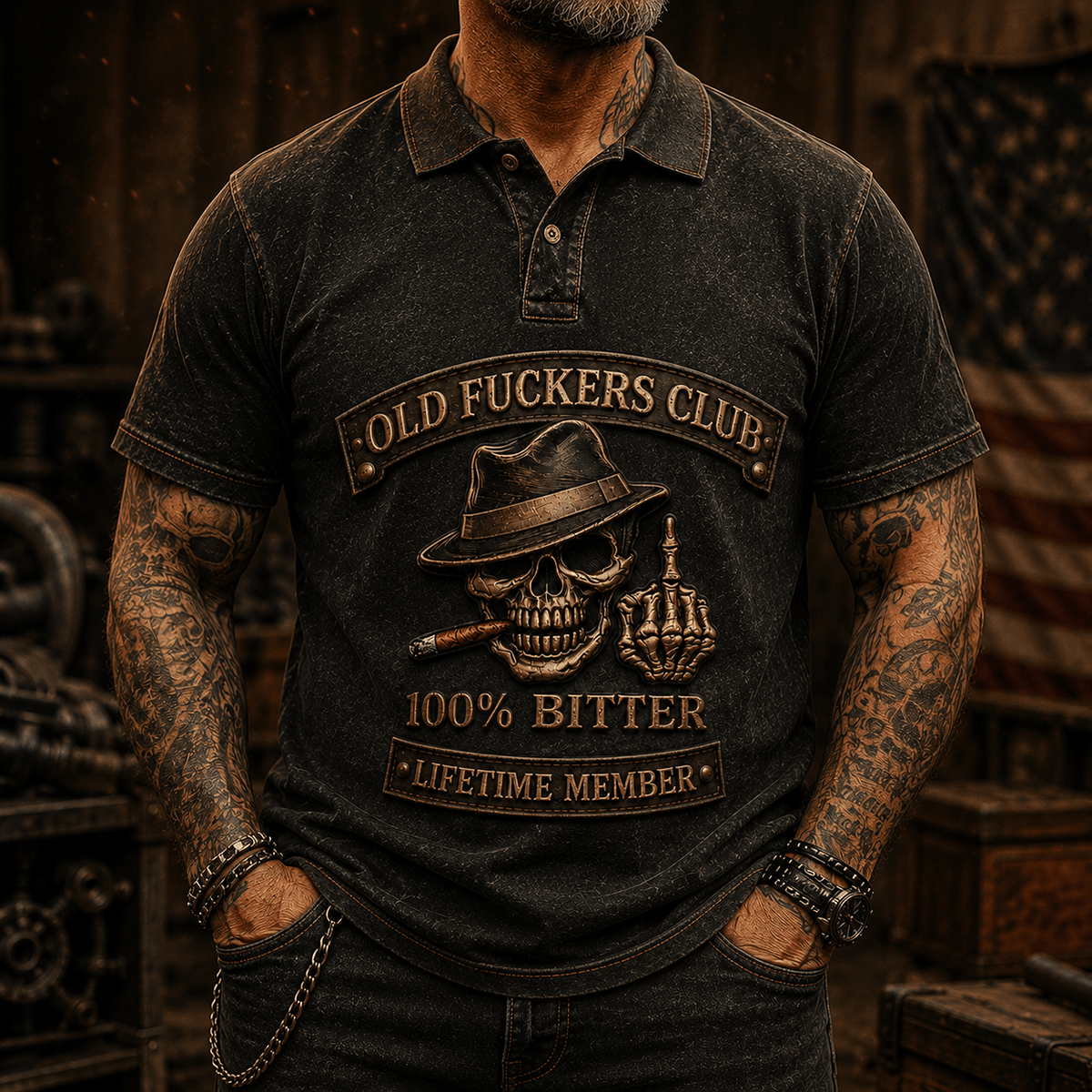 Old Fuckers Club Lifetime Member Printed Polo Shirt Skull Biker Graphic Father Day Gift for Dad Grandpa Husband