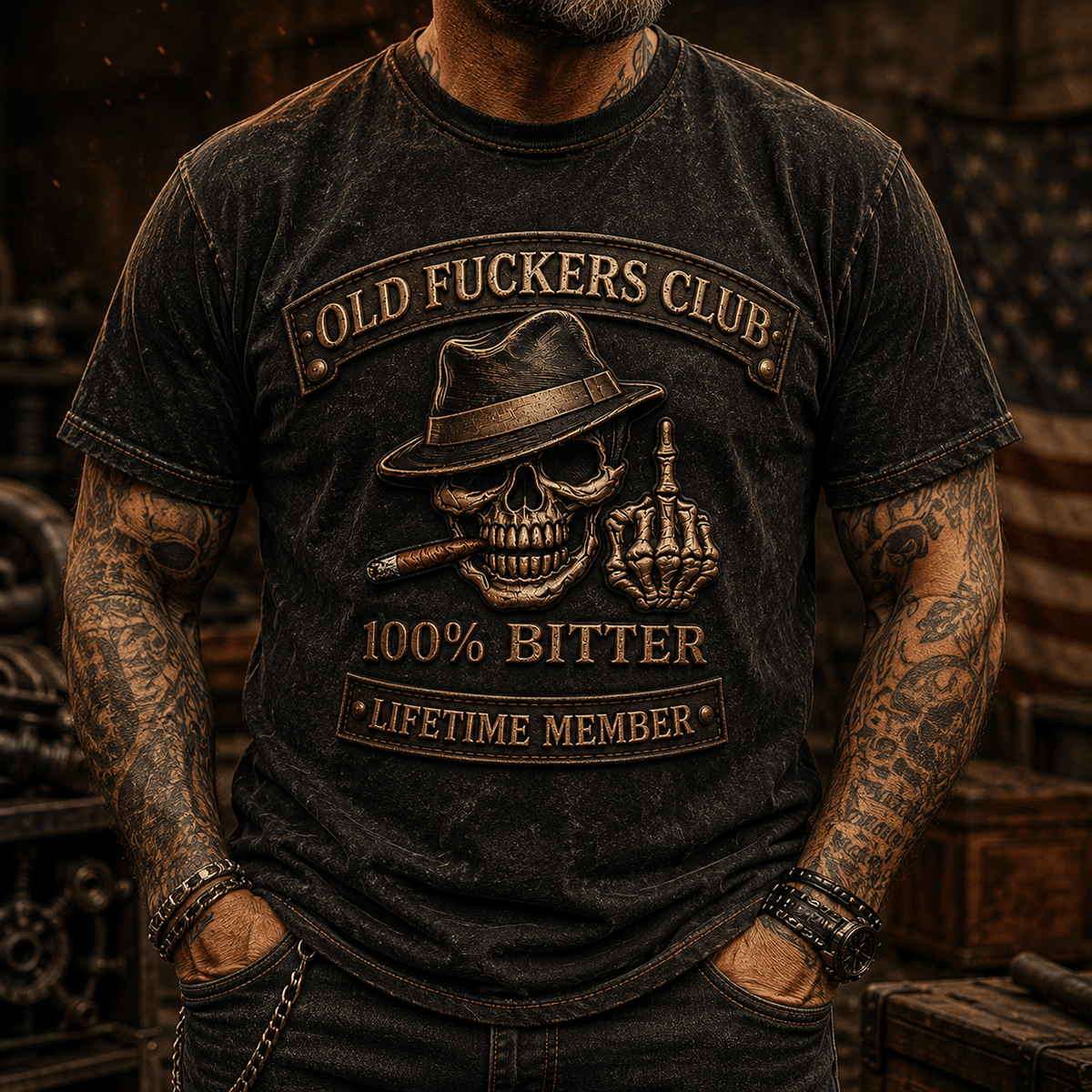 Old Fuckers Club Lifetime Member Printed T-Shirt Skull Graphic Funny Father Day Gift for Dad Grandpa Husband Men
