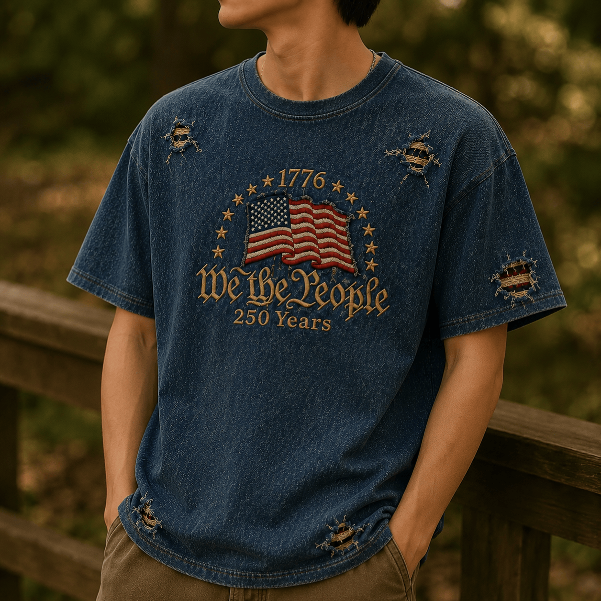 1776 We The People 250 Years Printed T-Shirt Patriotic Father’s Day Gift for Dad USA Flag Vintage Graphic Tee Men