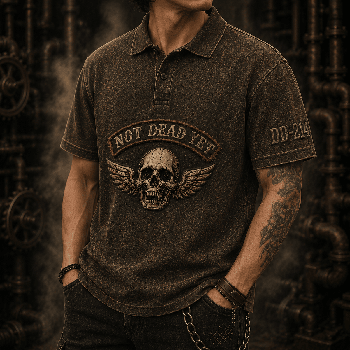 Not Dead Yet Printed Polo Shirt Skull Wings Father’s Day Gift for Men Vintage Short Sleeve Polo Biker Graphic Tee